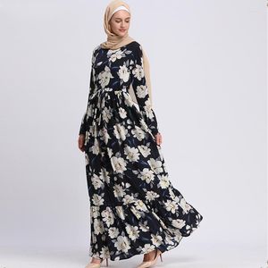 Casual Dresses Middle East Dubai Muslim Sweet Hijab Dress Women Print Floral Lace-up Big Swing Abaya Musulman Islamic Clothing Kimono