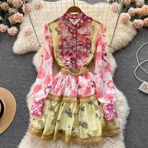 Vestido feminino elegante primavera retro tribunal estilo manga comprida impresso fechamento cintura vestidos belo temperamento vestido vintage 2023