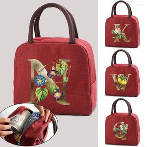 Seesäcke, Lunchtasche, Kühltasche, isolierte Box, Thermo-Behälter für kalte Speisen, goldenes Blumen-Buchstaben-Druck, Picknick für Damen und Kinder, Reise-Lunchbox