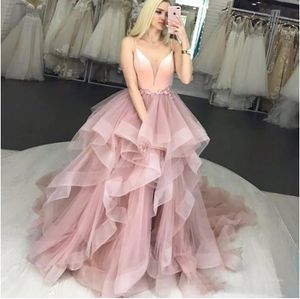 Spaghetti Streifen Ballkleid Brautkleider 2021 Deep V Neck R￼schen T￼ll Lange formelle Kleid Besondere Anlasskleider