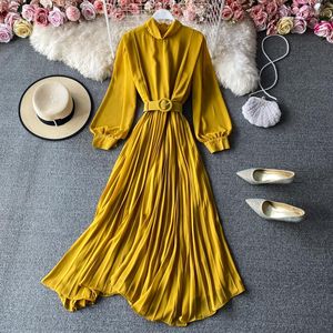 Casual Dresses Spring Elegant Long Sleeved Belted Chiffon Dress Stand Collar A-line Pleated Ankle Length Mustard Blue Burgundy Green