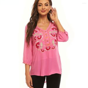 Women's Blouses Le Luz Floral Embroidery Blouse Shirts Pink Boho Vintage Chic Mexican Spring Autumn Women 2xl Ethnic Tops