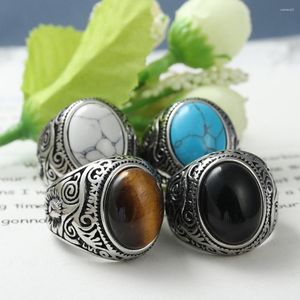 Cluster Rings Punk Natural Dashi Tiger Eye Ring For Men Women Retro Stainless Steel Carved Pattern Stamp Big Stone Fashion Jewelry Gift