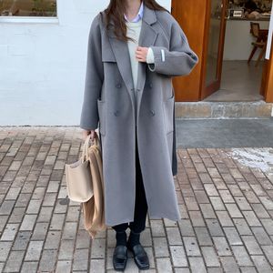 2022 Women's Wool & Blends official Woolen Coat Turn Down Collar Long Sleeve Fashion Coat WIth Belt Casaco Feminino BS111