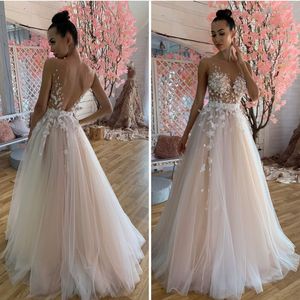 Wedding Dress A-Line Deep V-Neck Sleeveless Lace Appliques Illusion Tulle Floor Length Court Train Bridal Gowns Custom Made