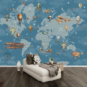 Tapeten, handbemalte blaue Cartoon-Weltkarte, Tapeten, Heimdekoration, Luftballon, Flugzeug, Kinderzimmer, Hintergrund, Wandgemälde, Tapete 3D 221028