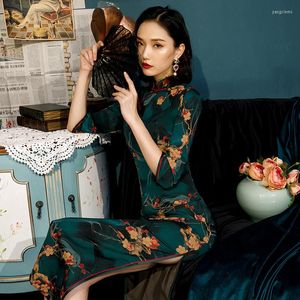 エスニック服スプリンググリーンエレガントレトロ女性中国の伝統ドレスQIPAO印刷Cheongsam Long Qi Pao Dresses Plusサイズ4xl