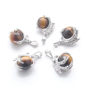 Natural Stone Tigers Eye Pendants Round Ball Bead Dragon Claw Crystal Reiki Chakra Women Dingle Pendant Gift N3111