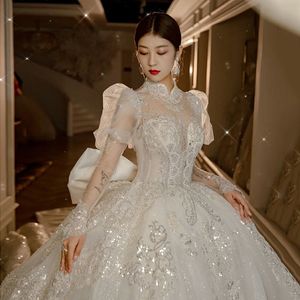 2023Glitter Dubai Arabia Ballkleid Brautkleider mit langen Ärmeln, Pailletten, Perlen, Spitze, appliziert, Übergröße, nach Maß, Brautkleider, Kristallrobe de Marie