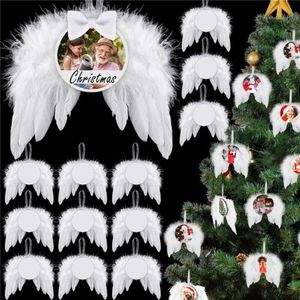 UPS Heat Transfer Angel Wings Ornament Christmas Decoration Feathers Pendant Round Aluminium sheet DIY Christmas Tree Hanging Tag