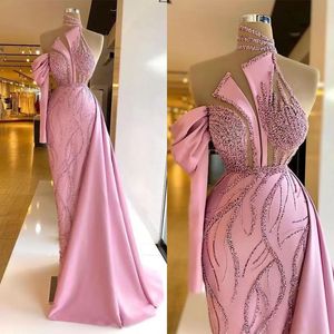 Designer Pink High Neck Mermaid Evening Dresses Sparkly Sequins Satin Ruffles Plus Size Pleats Hollow Back Prom Gown Formal Wear Custom Made Vestidos