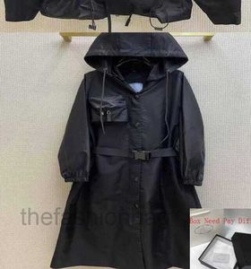 Women's jacket Hooded nylon trench coat tarpaulin solid pocket removable belt long coat top