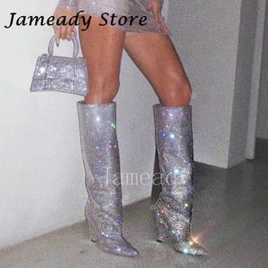 Botas bling strass strass shrenstones joelho botas altas para mulheres pico de salto alto botas longas casamentos de casamento de rapazes de especiarias sexy botas mujer t2221028