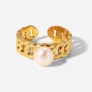 Cluster Rings Youthway Stainless Steel Pearl Ring Metal Hollow Design 18 K Opening Waterproof Jewelry Anillos Mujer Gift 2022