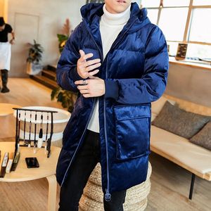 Men's Down Blue Velvet Hooded Cotton Padded Jackets Blackish Green Plush Fluffy Long Overcoats Mens Warm Winter Trench Coats Micro Suede