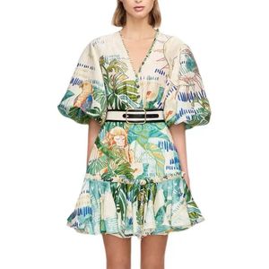 New Fashion Runway Summer Women's Dress EleganCasual Spring Floral Print Slim Button Lady Dress A Line O Neck Chiffon Single Breasted Women Dresses 2023