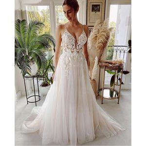 Sexy Ivory Lace Tulle Spaghetti Straps V-Neck Floor-Length A-Line Wedding Dresses Chapel Train Custom Made