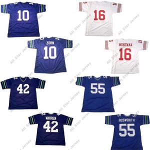 16 Joe Montana 42 Chris Warren 55 Brian Bosworth 10 Jim Zorn Ed Football Jersey Blue Color Biała Jersey S-XXXL