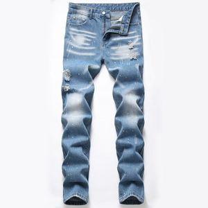 Jeans rasgados azuis claros Slim Fit Men's Splash Ink Pants Moda Casual Frayed Hole Cotton Denim Troushers 29-42 Pantalones