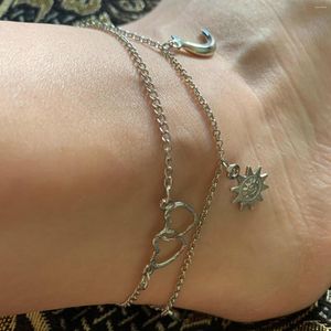 Anklets Fashion Silver Chain Double Heart Moon Sun For Women Bracelets Summer Barefoot Sandals Design Jewelry Anklet