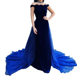 Velvet Prom Dress 2023 med Choker Organza Overskirt Scalloped Off-Shoulder Winter Formal Evening Wedding Party Gown Pageant Gala Runway Red Carpet Mitted Navy Blue