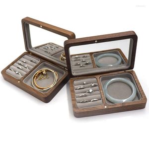 Jewelry Pouches Walnut Desktop Storage Box Portable Ring Bracelet Wooden Makeup Gift With Mirror