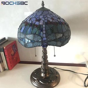 Table Lamps BOCHSBC Tiffany 2022 Style Blue Dragonfly Stained Glass Tabel Lamp Fixture Handcraft Art Decor Classical Lights