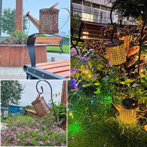 Solar LED Watering Can Lights Hollow Out Projection Kettle Lamp Metal Waterfall Fairy String Warm For Garden Yard Decorat