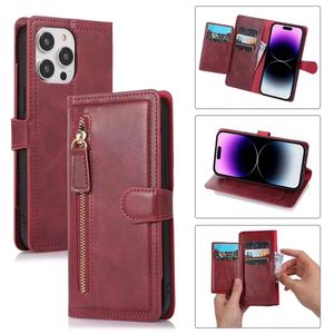 Pu Leather Zipper Flip Wallet Case f￶r iPhone 14 13 12 11Pro Max XS XR 8 7 6S Plus Card Holder Stand Cover