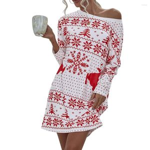 Casual Dresses Women Short Long Sleeve Winter T-shirt Dress Animal Print Round Neck Mini Löst stickad Pullover Party Home Lady Vestidos