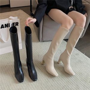 Stiefel Square Toe Frauen Kniehohe Stretchschuhe Dicke Absätze Zurück Reißverschluss Schwarz Beige 2022 S Slim Socke Botas Größe 35-39