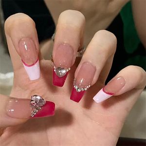 Long Coffin Nails Diy Capa completa Pressione as dicas de unhas Linha ondulada acabada de vestuário destacável unhas falsas francesas com design