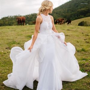 Suknia ślubna 2 w 1 Odłączane sukienki szlakowe Białe koronkowe organy marszczyki zdejmowana spódnica pusta sukienki ślubne z tyłu vestido de noiva