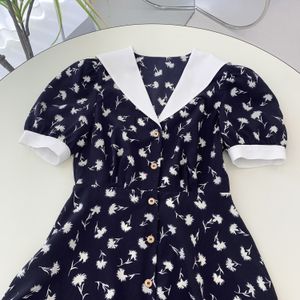 2022 Spring Sailor Collar Floral Print Paneled Dress Blue Short Sleeve Button Single-Breasted Casual Dresses D2O31