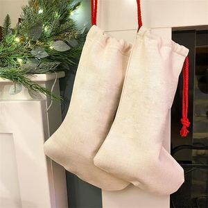 Sublimation Christmas Candy Bag White Blank Stockings Cotton Linen Socks Thermal Transfer Short Plush Gift Bags A02