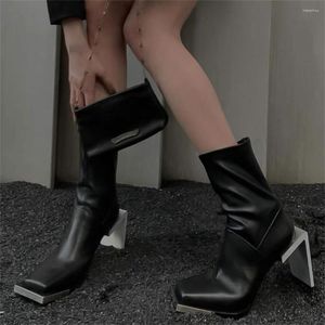 Stiefel Mode Frauen Knöchel Karree Zehe Socke Booties Dicke High Heels Metall Dekoration Zurück Reißverschluss Kleid Schuhe Frau Größe 35-39