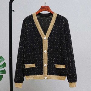 Kvinnlig cardigan tr￶ja stickad designer retro svart guld cardigans stickad l￶s kappa dubbel bokstav tryckta tr￶jor damer yttre slitage stickad tr￶ja