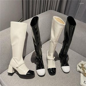 Boots Round Toe Women Knee High Mixed Color Black White 2022 Arrivals Belt Buckle Side Zipper Stretch Shoes Sock Booties 39