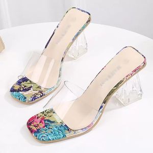 Slippers Woman Summer Slipper Clear Transparent Square High Heels Pvc Graffiti Open Toe Sandals Sexy Shoes