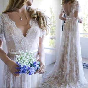 Champagne Lace V-neck A-line/Princess Train Brush Bohemian Wedding Dress Butterfly Sleeve Nude Bridal Dresses with Color