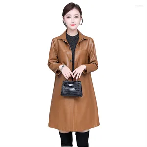 Women's Leather Autumn Winter 2022 Women Bomber Coat Fashion Medium-Long Korean Loose Streetwear Outerwear Sheepskin Windbreaker Jacket