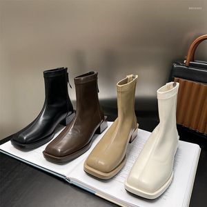 Botas quadradas Mulheres do tornozelo 2022 Chegadas pretas marrom marrom meias brancas traseiro zíper sapatos de saltos baixos de salto baixo bota