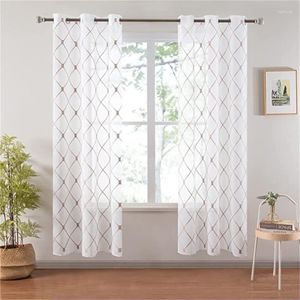 Curtain Gray Geometric Pattern Embroidered White Sheer Curtains For Living Room Kitchen Bedroom Voile Tulle Window Decor Coffee Teal