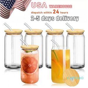US Warehouse 16oz mug straight blank sublimation frosted clear Transparent coffee glass cup tumblers with bamboo lid and straw 1025