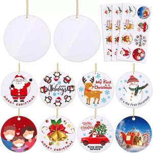 Christmas Ornament Party Sublimation White Ceramic Squard Oval Shaped Decor with Gold String Xmas Tree Hanging Pendant Decoration