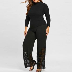 Pantalones de talla grande para mujer, ropa suelta de encaje, pierna ancha, negro puro, con cordones, informal, para primavera, para mujer