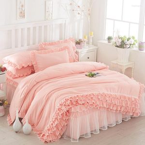 Bedding Sets Korean Princess Lace Bed Skirt Pillow Case Duvet CoverBedding 4 Pcs Set Pure Color Orange Rose Jade Pink Quilt Cover