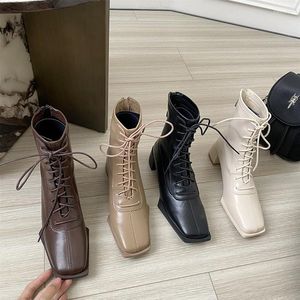 Boots Square Toe Women Ankle Cross Tied Lace Up Thick Mid Heels Genuine Leather High Quality Sock Booties Back Zipper