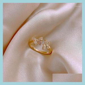 Cluster-Ringe Cluster-Ringe Modeschmuck Gold Exquisiter eingelegter Zirkon-Schmetterling 14K Echter Ring Einfacher und eleganter Damen-Eröffnungsanzeige Dhx7P