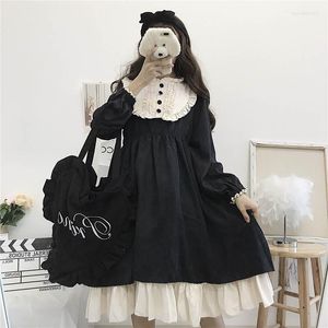 Casual Dresses 2022 Japanese O-hals Hög midja Kontrast-färgklänning harajuku stil söt kawaii lolita kvinnors söta rufflade